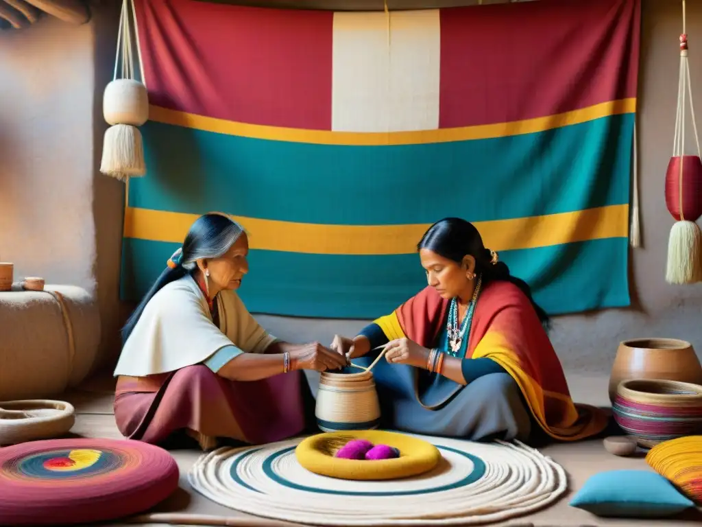 Un círculo de tejedoras indígenas creando textiles tradicionales, resaltando el impacto económico de estas bellas creaciones