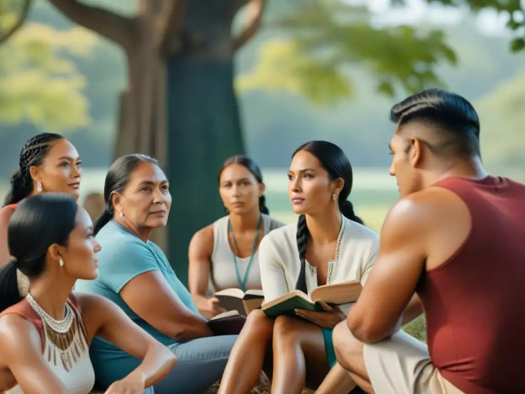 Un círculo vibrante de estudiantes de idioma Cherokee, rodeados de libros y recursos, bajo un árbol