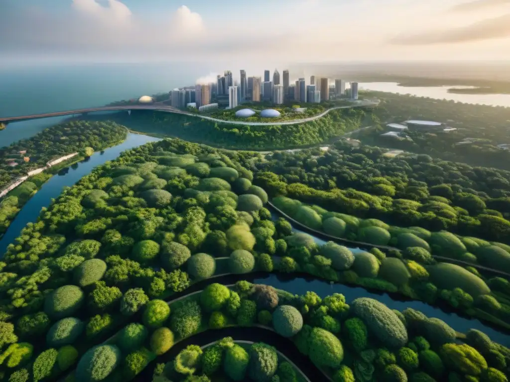 La ciudad moderna se fusiona con la naturaleza en un paisaje urbano inspirado en mensajes indígenas, destacando la arquitectura contemporánea