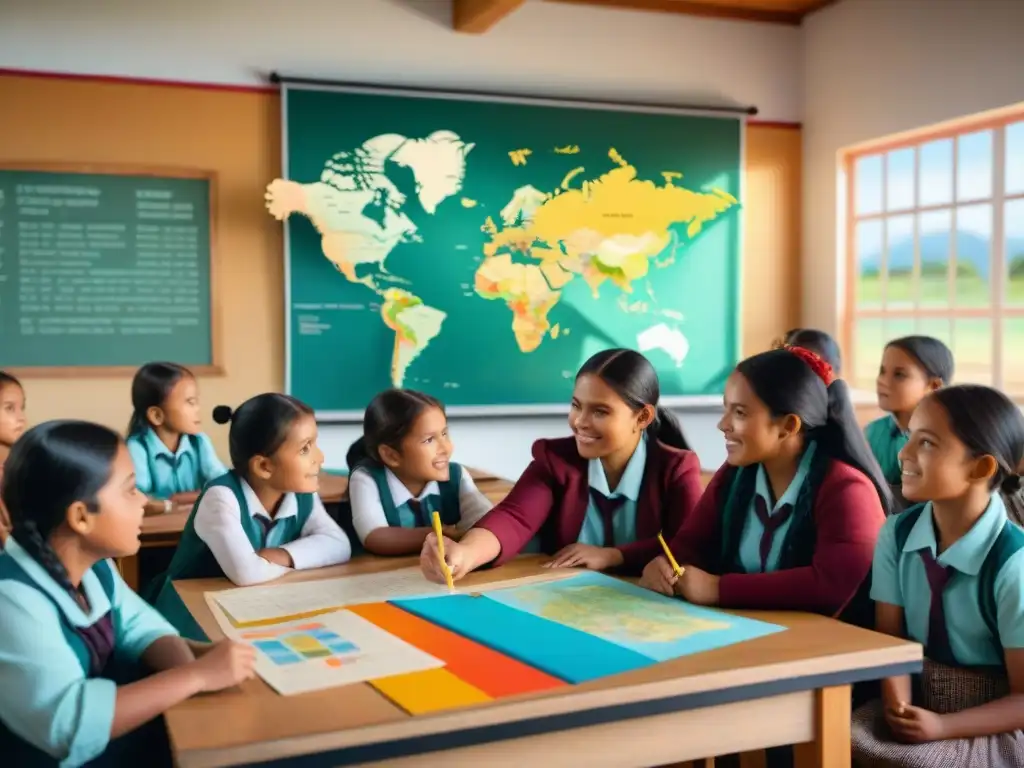 Clase animada en escuela indígena: niños aprenden con materiales coloridos y enseñanza cultural