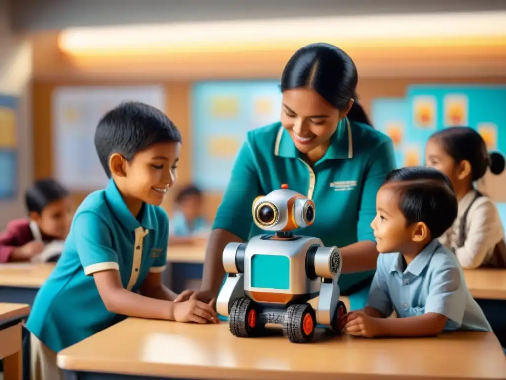 Clase de robótica educativa en escuelas indígenas: niños ensamblan un robot guiados por un maestro, rodeados de arte y tradición