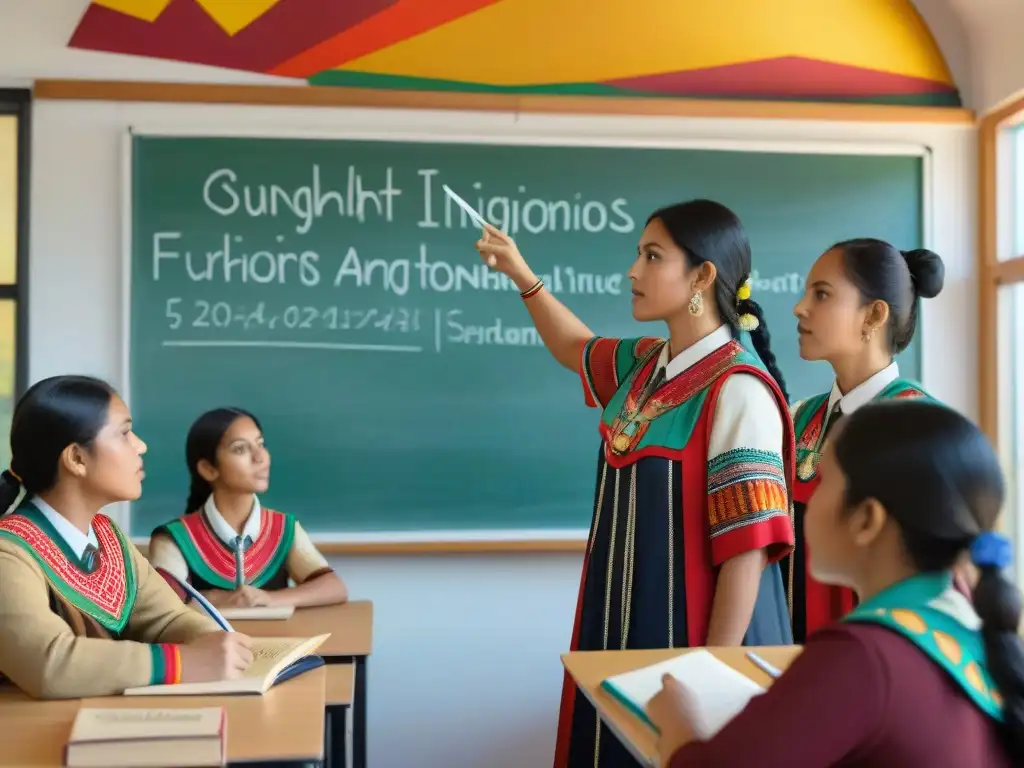 Una clase de enseñanza bilingüe en escuelas indígenas, con estudiantes participando activamente en lecciones culturales y lingüísticas