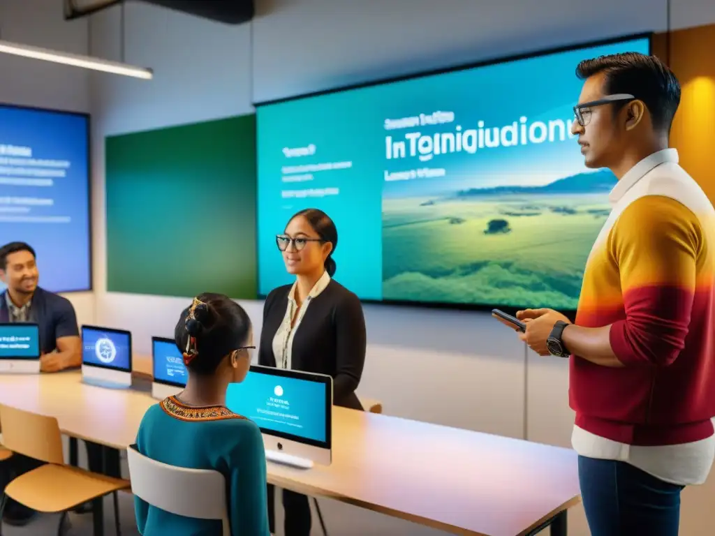 Una clase tecnológica de idioma indígena: maestros y alumnos interactúan con dispositivos modernos y elementos culturales coloridos en las paredes