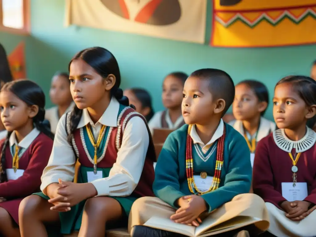 Clase vibrante con niños escuchando a un anciano indígena contar historias, integrando literatura indígena en el aula