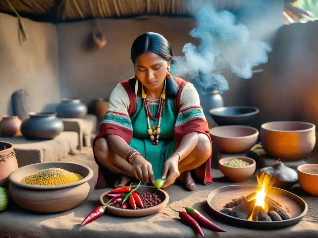 Cocina indígena ancestral con ingredientes vibrantes y mujeres preparando recetas tradicionales