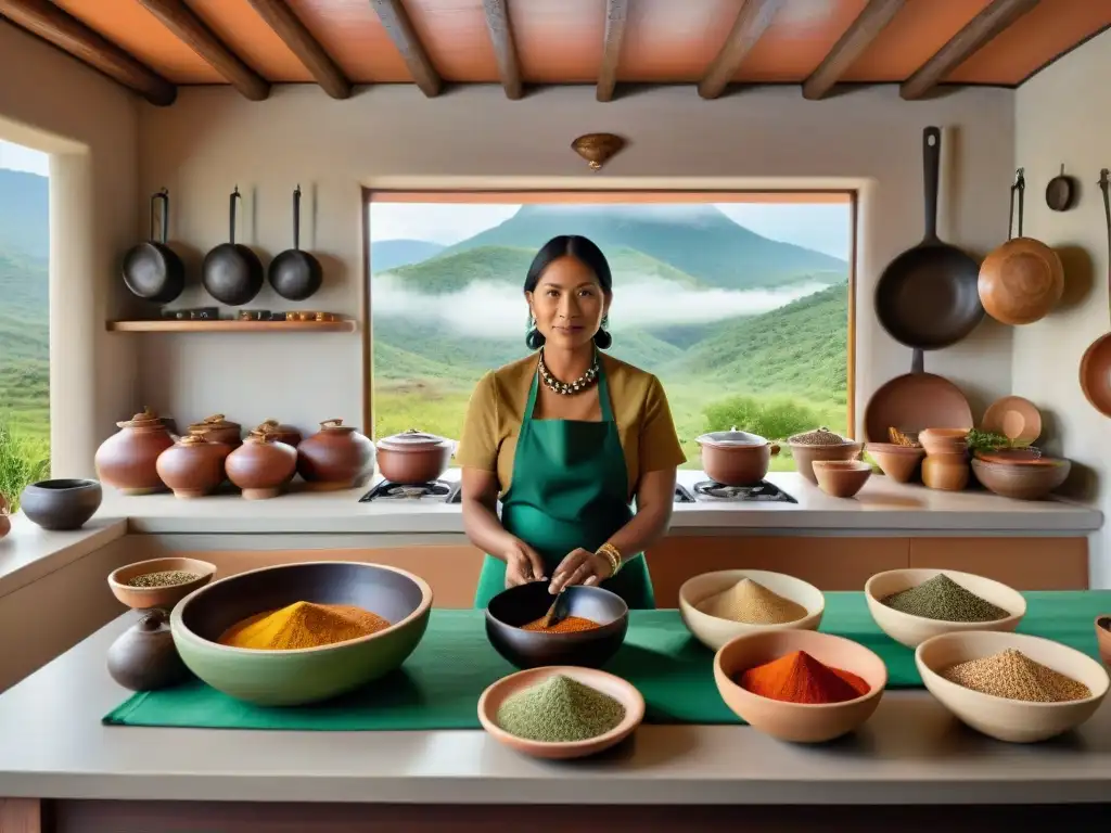 Cocina indígena en América: Detallada escena de cocina tradicional con especias coloridas, chef hábil y ambiente auténtico