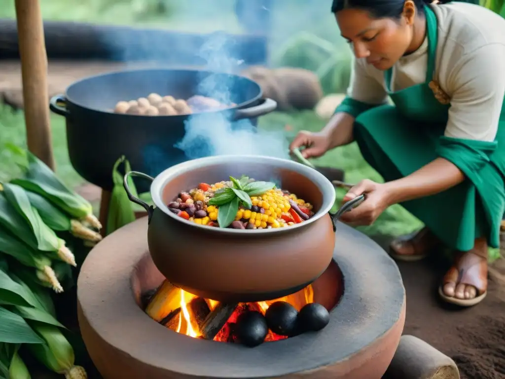 Cocina indígena: cocción a fuego lento con ingredientes coloridos en olla de barro sobre fogata, chefs tradicionales en acción