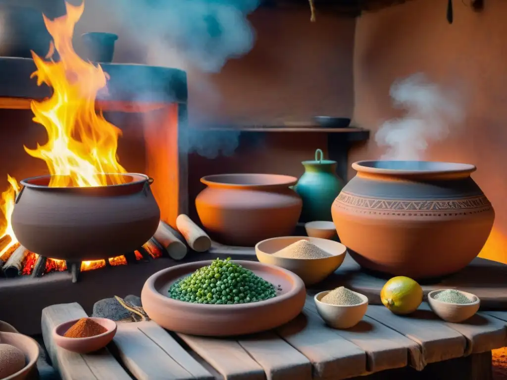 Una cocina indígena con cocción a fuego lento: mujeres preparando ingredientes tradicionales ante un fuego abierto, rodeadas de detalles culturales