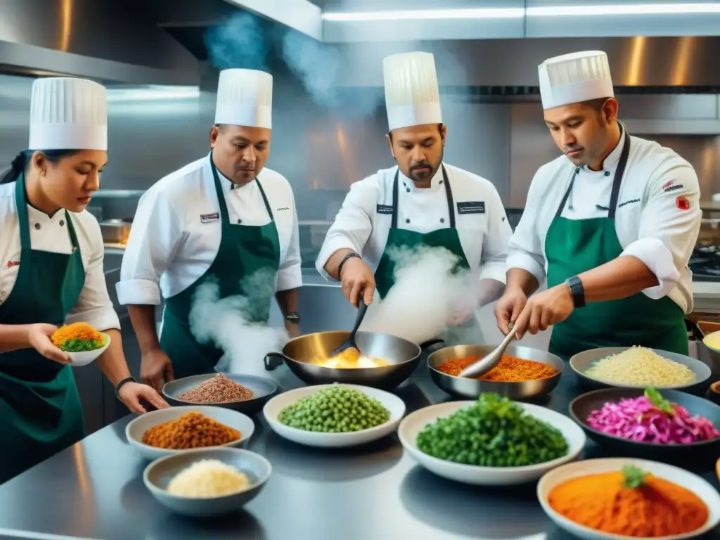 Cocina indígena en gastronomía contemporánea: Chefs preparando platillos tradicionales con técnicas modernas en una cocina vibrante