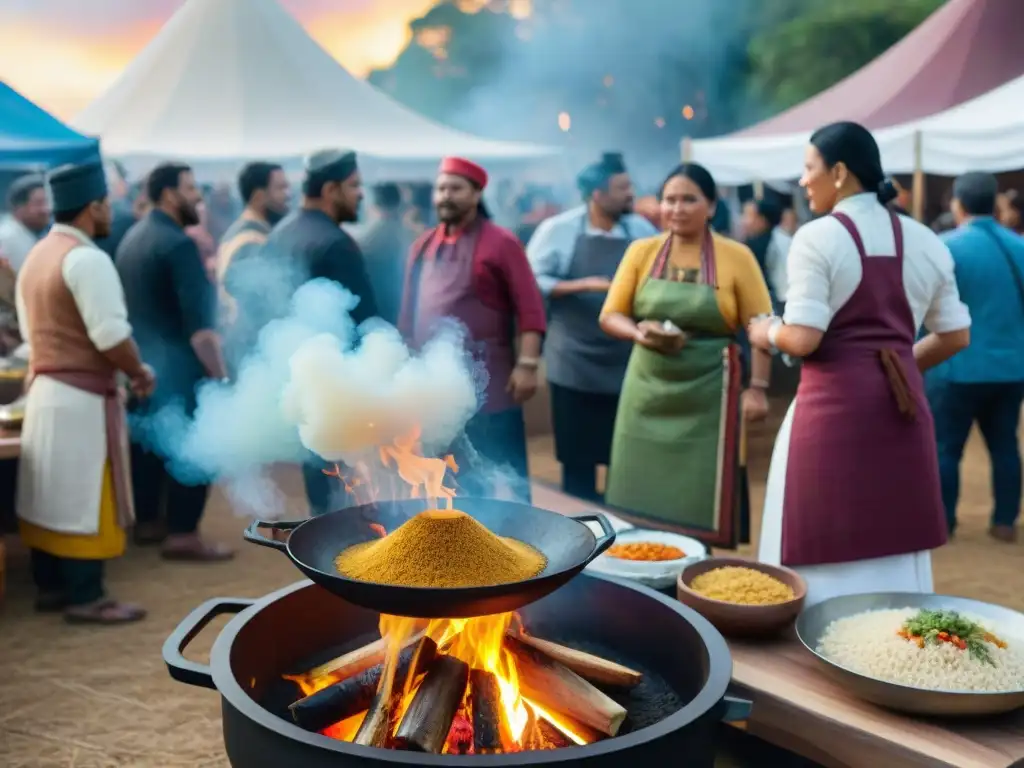 Cocina indígena en festival gastronómico: chefs preparan platos tradicionales mientras la multitud disfruta de sabores y colores únicos