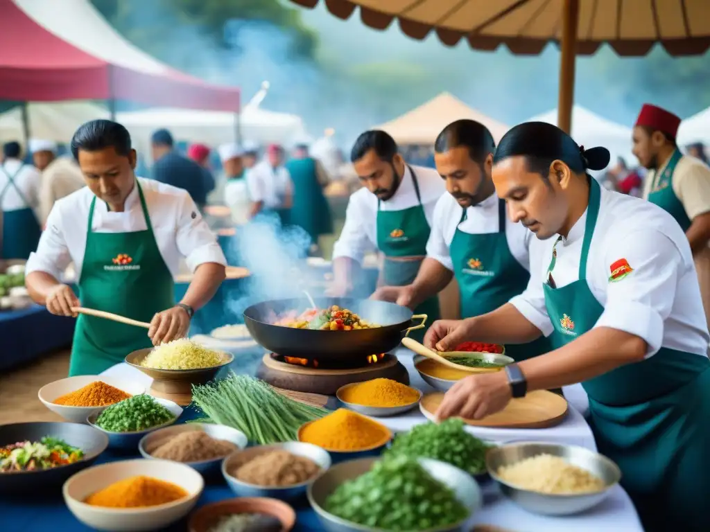 Cocina indígena en festival gastronómico, chefs preparando coloridos platillos tradicionales al aire libre