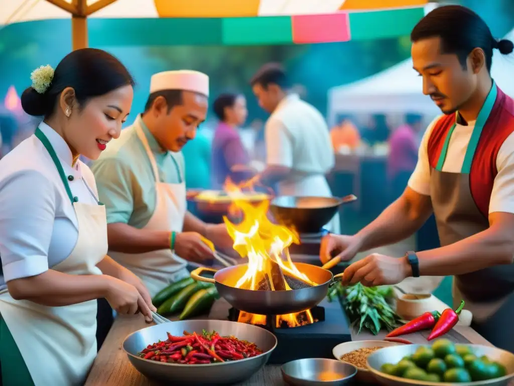 Cocina indígena en festival gastronómico: chefs preparan platos tradicionales mientras asistentes disfrutan de la celebración