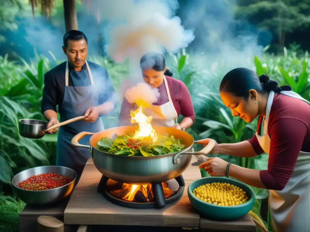 Cocina indígena en festivales gastronómicos: chefs preparan platos tradicionales al aire libre en un bosque