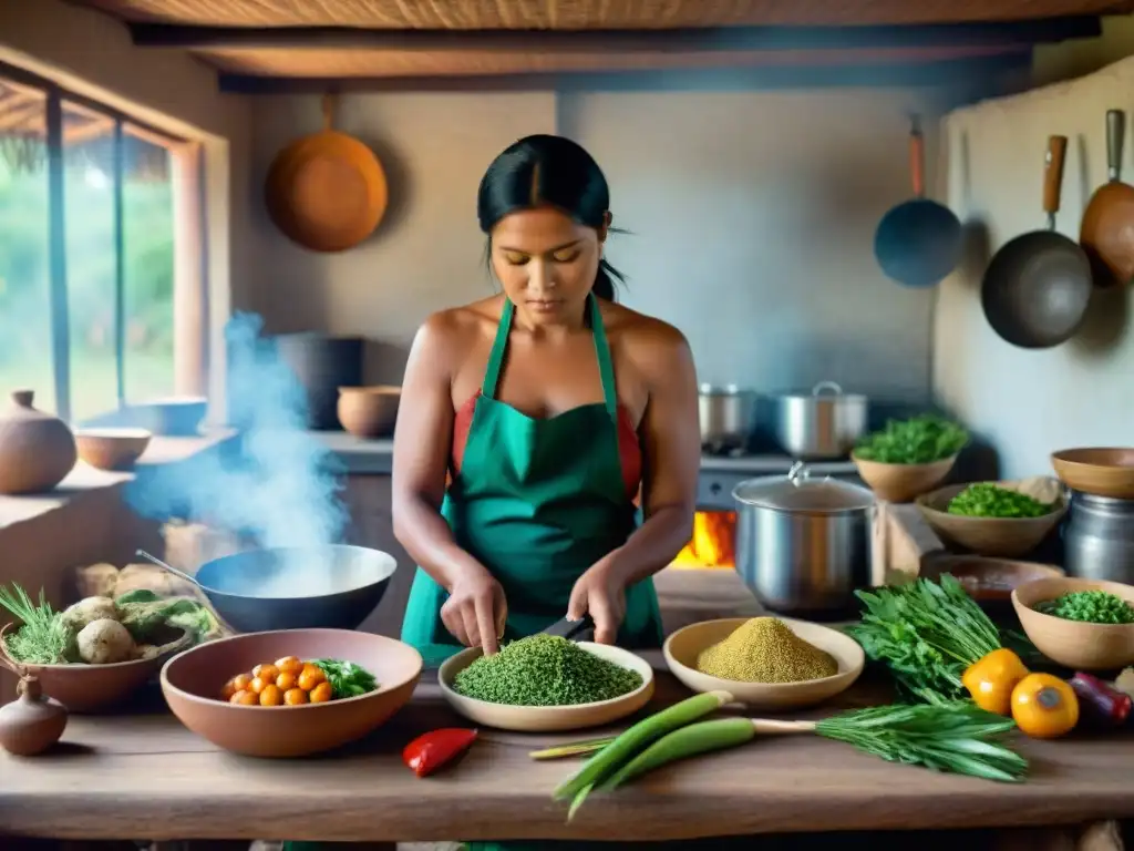 Una cocina indígena llena de ingredientes vibrantes, un chef preparando plato tradicional