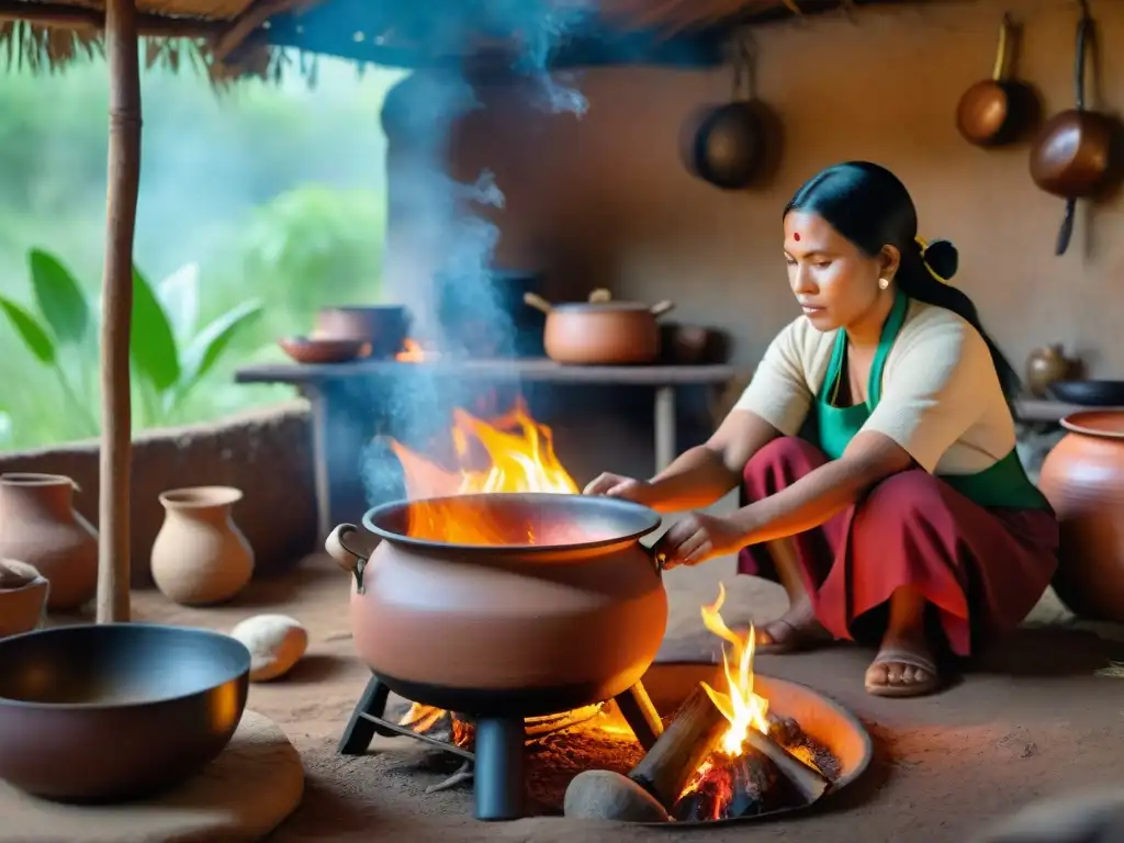 Cocina indígena: mujeres preparan alimentos y cocción a fuego lento en ambiente tradicional rodeado de vegetación exuberante