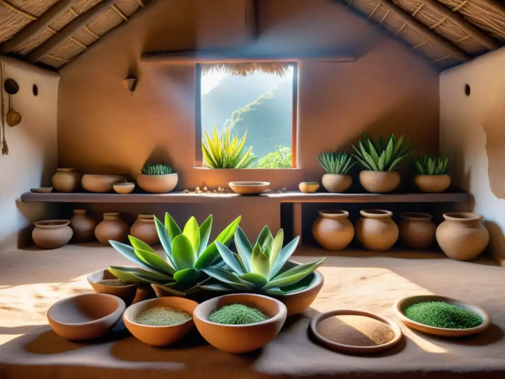 Una cocina indígena rebosante de plantas medicinales como sábila, manzanilla y menta, bañada por la luz del sol entre sombras y colores