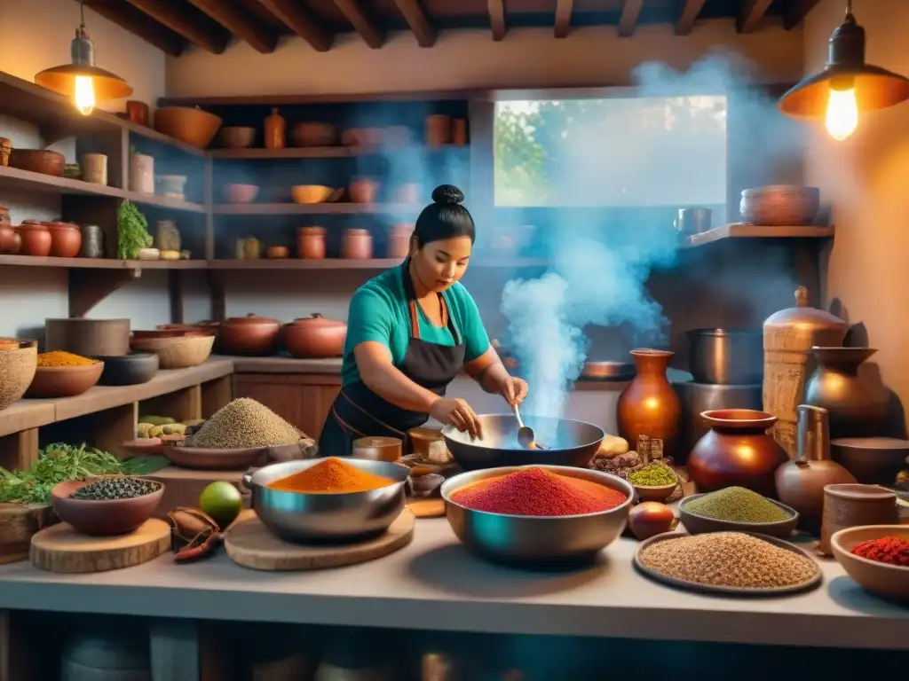 Una cocina indígena revivida rebosante de actividad, con ingredientes coloridos y utensilios únicos alrededor de un fuego central