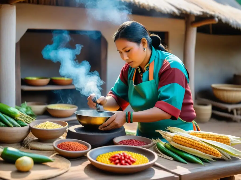 Una cocina indígena tradicional llena de coloridos ingredientes en platos de cerámica pintados a mano