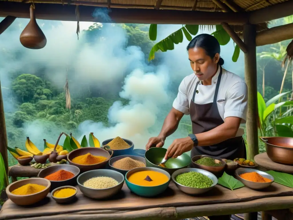 Una cocina indígena tradicional en la selva amazónica, con chef preparando platos exóticos