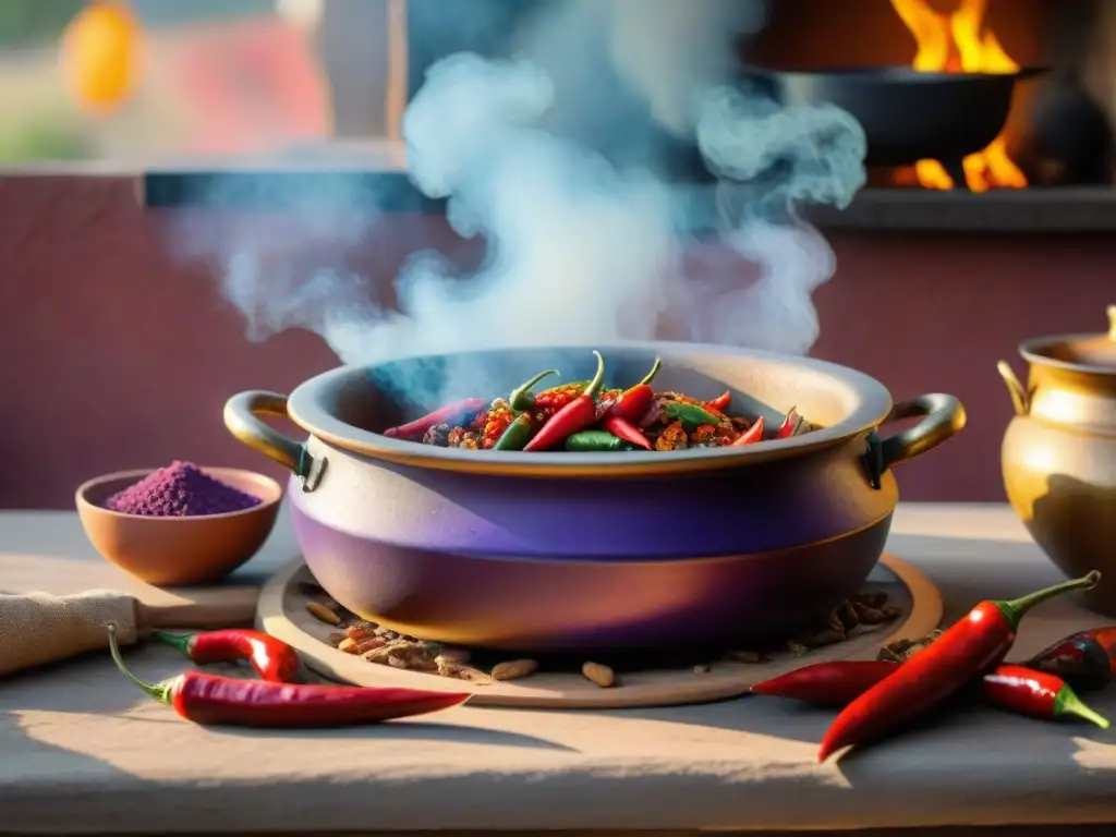 Cocina indígena llena de chiles vibrantes, mujeres moliendo en metate y estofados picantes