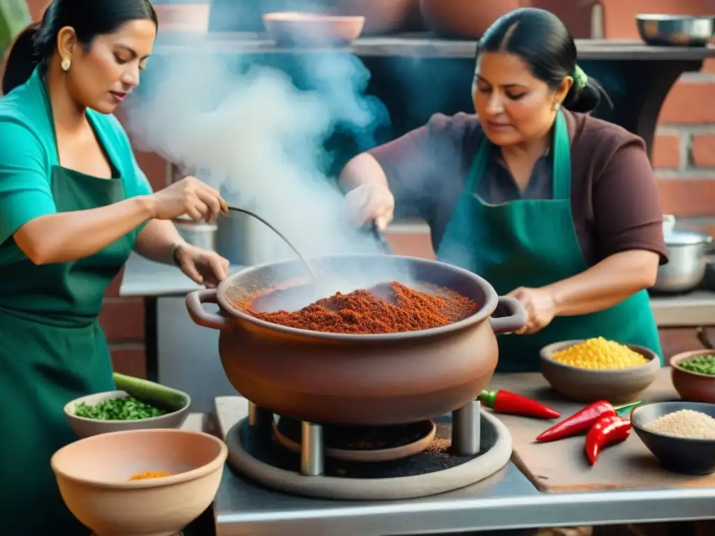 Una cocina mexicana tradicional rebosante de actividad: mujeres moliendo especias, mole burbujeante y chilis hirviendo