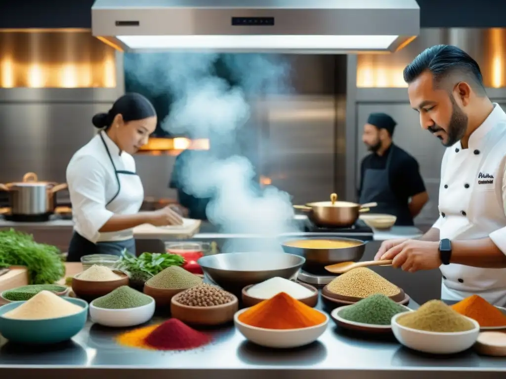 Una cocina moderna bulliciosa donde chefs indígenas y modernos fusionan técnicas culinarias en platos vibrantes