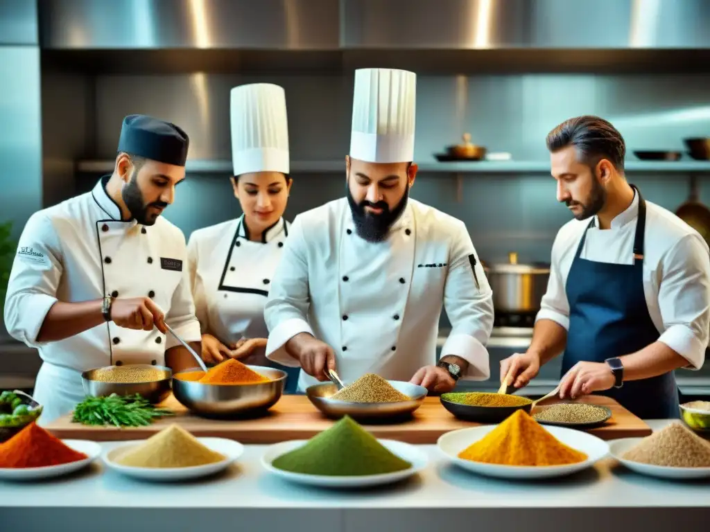 Una cocina moderna donde chefs de diversas culturas crean platos revolucionarios con quinua