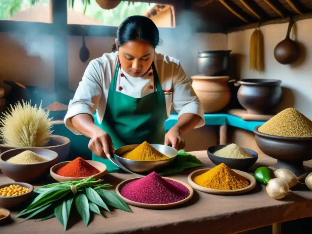 Una cocina precolombina llena de ingredientes coloridos como amaranto, maíz y chiles, resaltando los Beneficios nutricionales del amaranto