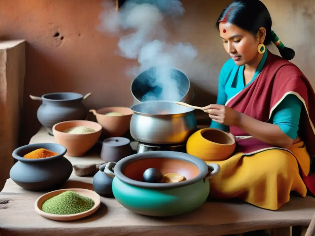 Cocina tradicional indígena con utensilios y olla de barro, mujeres preparando ingredientes con vestimenta vibrante