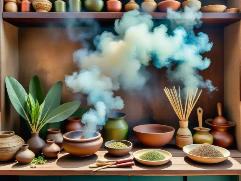 Una cocina indígena tradicional con plantas medicinales, utensilios y cerámica artesanal