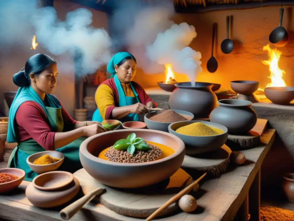 Cocina indígena vibrante con prácticas sostenibles, utensilios tradicionales y coloridos ingredientes