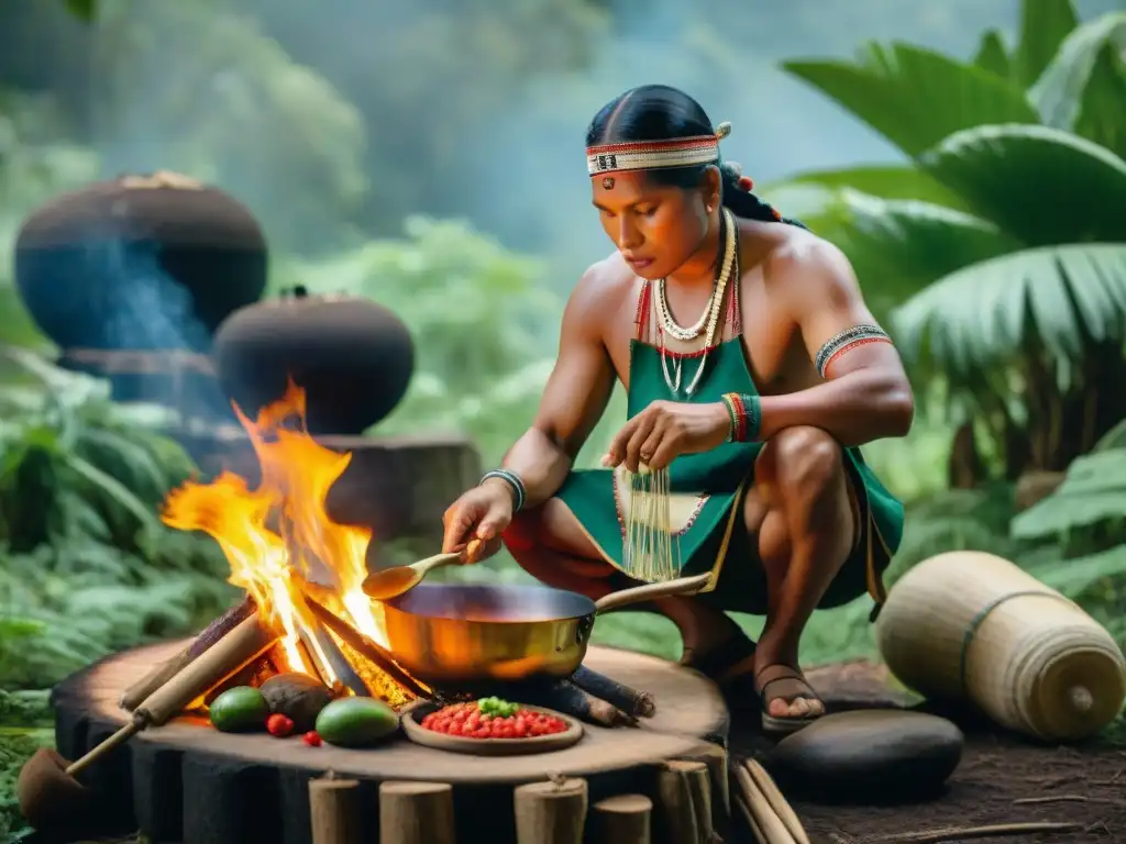 Una cocinera indígena preparando un plato vibrante en la naturaleza, resaltando la gastronomía indígena, economía y cultura en las Américas