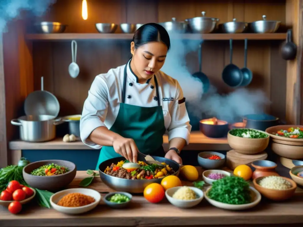 Un cocinero indígena en América preparando auténticos platillos en una cocina rústica, rodeado de ingredientes frescos y utensilios de cocina