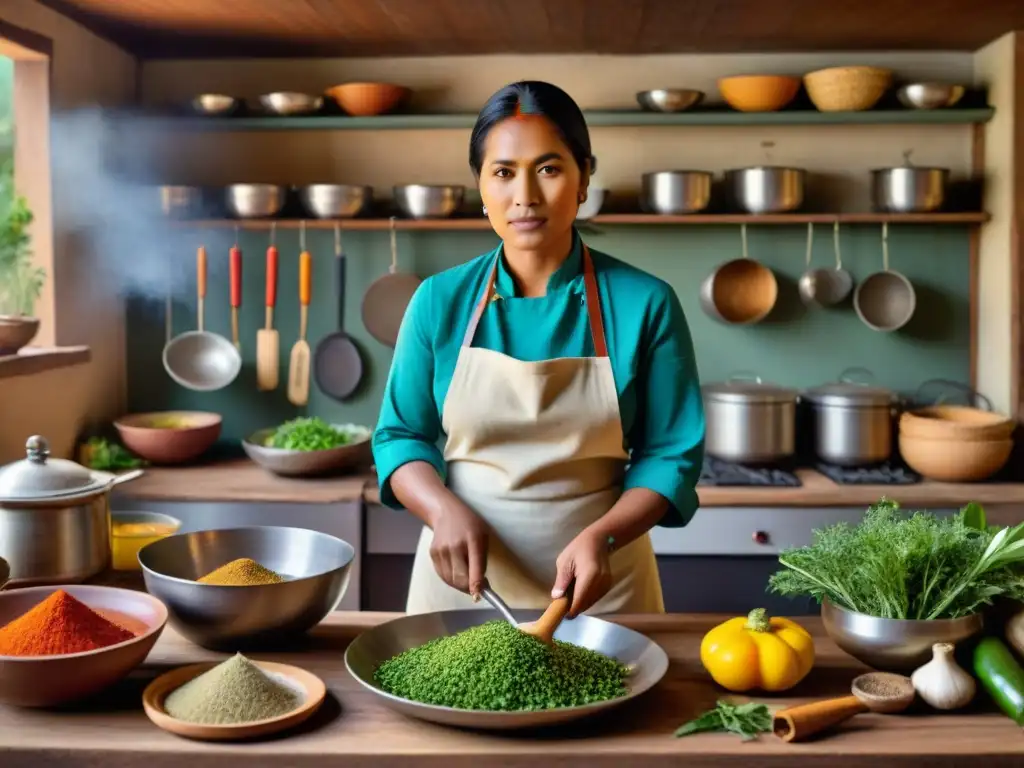 Un cocinero indígena experto preparando un platillo ancestral en una cocina rústica con ingredientes coloridos