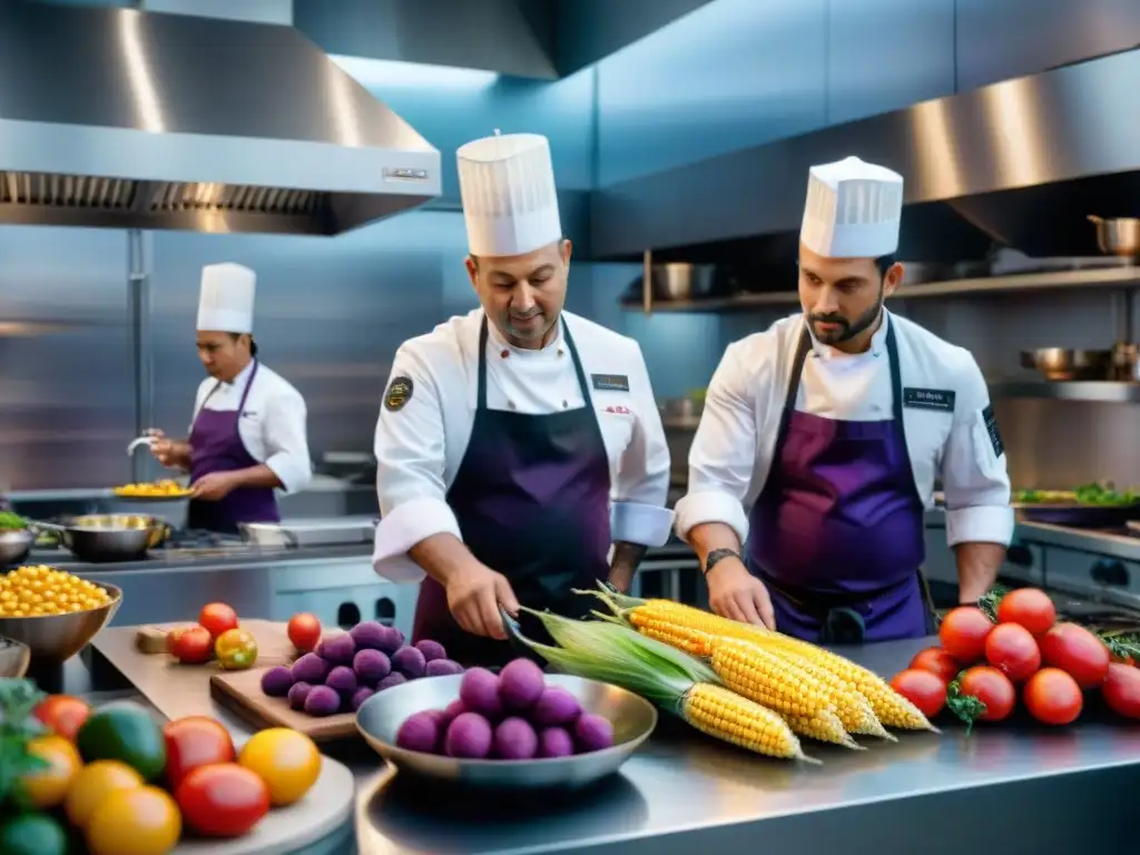 Cocineros debatiendo en cocina moderna con ingredientes indígenas