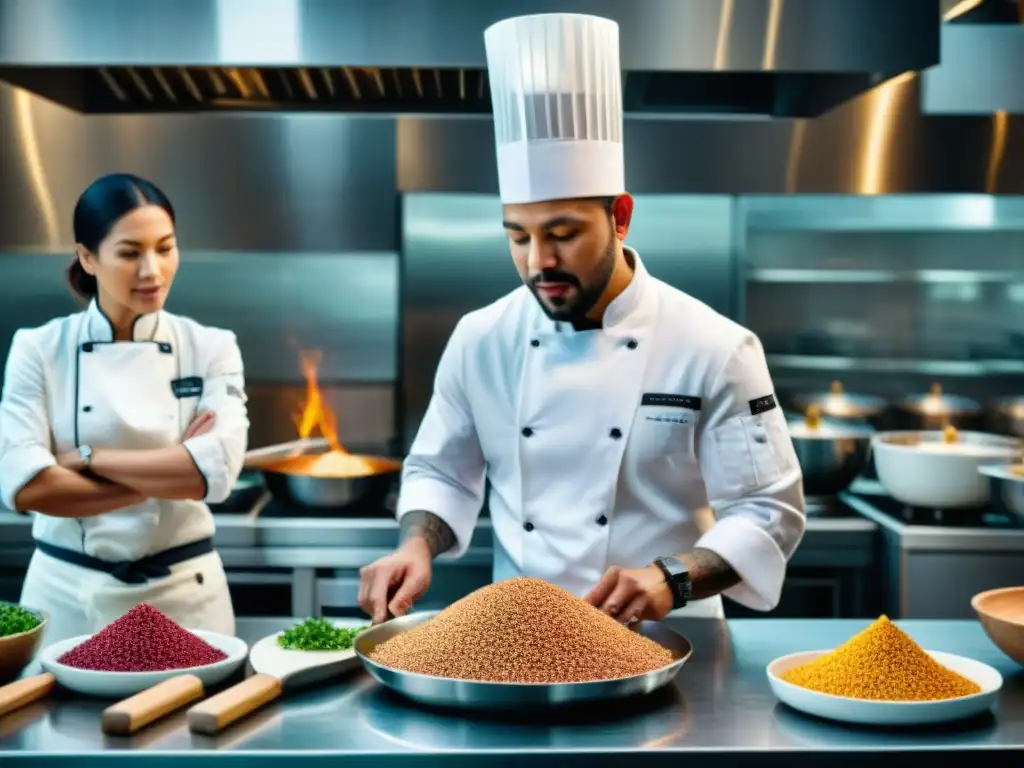 Cocineros de diversas culturas colaboran en cocina moderna, mostrando el papel revolucionario de la quinua en la gastronomía