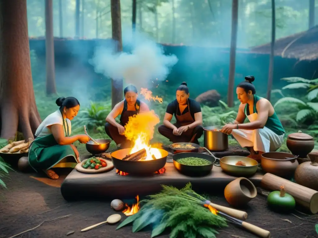 Cocineros indígenas expertos preparan platos tradicionales sobre fuego al aire libre en un exuberante bosque, técnicas ancestrales cocina al aire