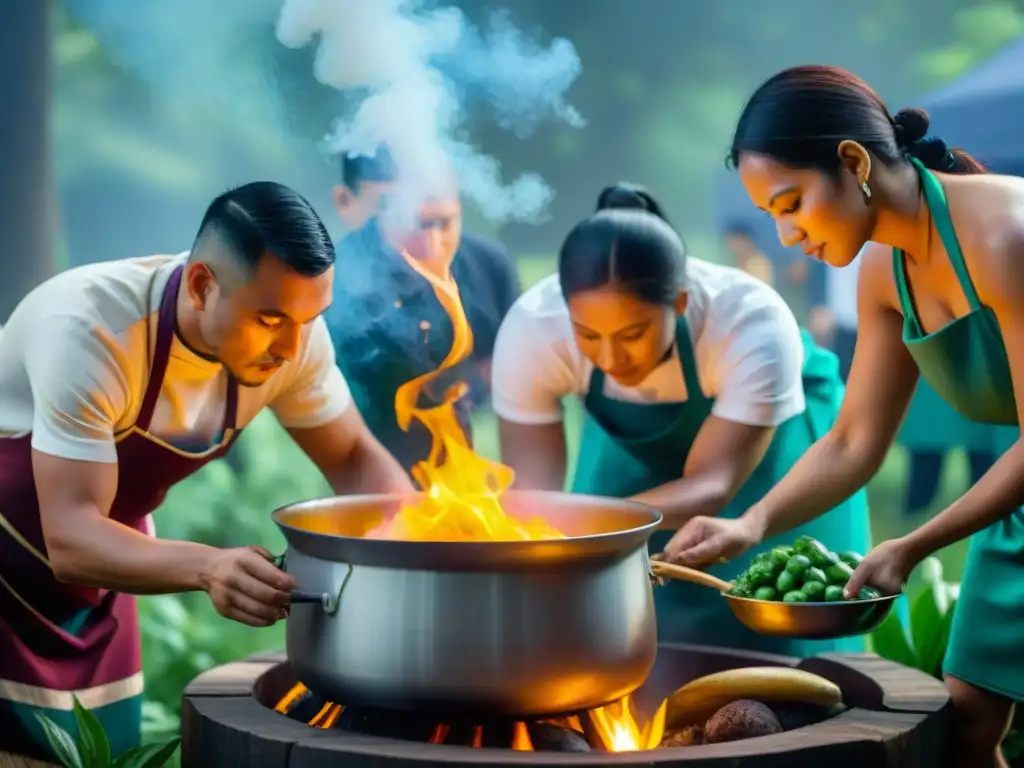 Chef indígenas preparando receta ancestral al aire libre Cocineros indígenas añadiendo ingredientes secretos en festivales tradicionales