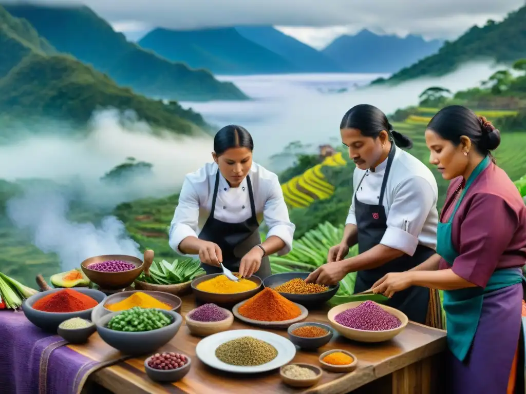 Cocina indígena: tradición y color en la biodiversidad Cocineros indígenas preparando platillos coloridos con técnicas ancestrales en un paisaje exuberante
