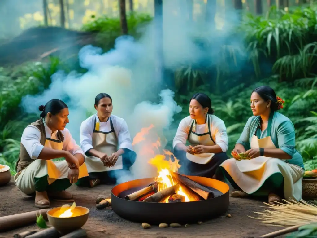 Cocineros indígenas preparando platos ancestrales alrededor de una fogata en la selva