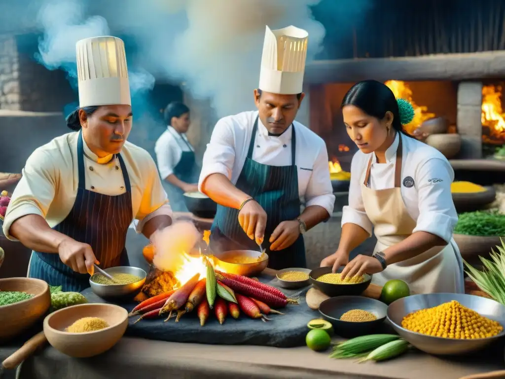 Cocineros indígenas preparando platos antiguos en festival culinario