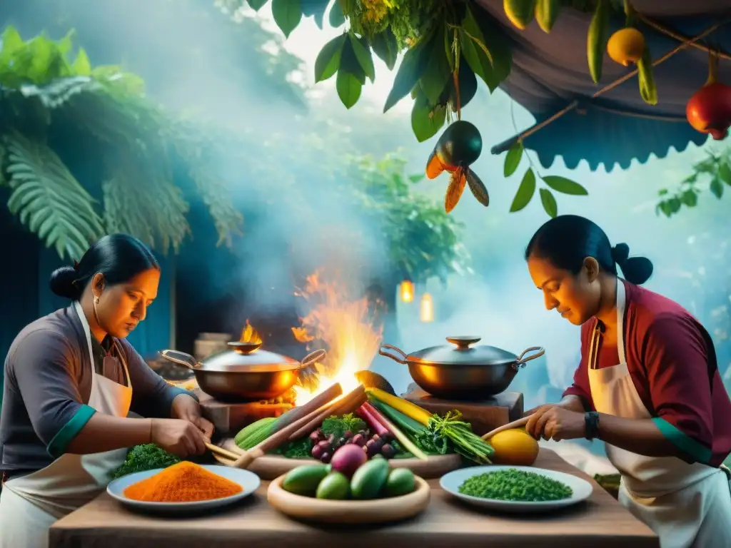 Cocineros indígenas preparando platos coloridos con técnicas de cocina indígena moderna en un mercado vibrante