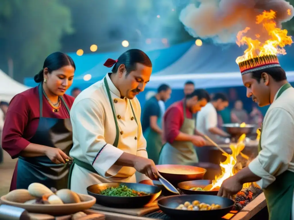 Cocineros indígenas preparando platos coloridos bajo las estrellas en festival gastronómico indígena al aire libre