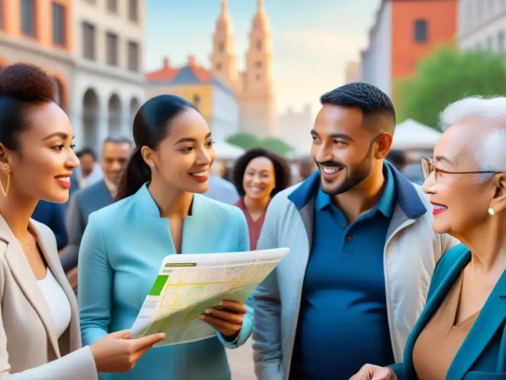 Colaboración intercultural en urbanismo: Diversidad de urbanistas y arquitectos dialogando en una plaza de ciudad moderna