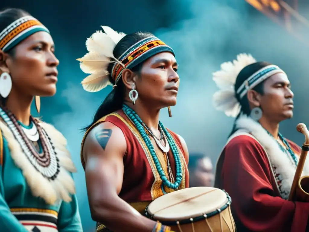 Una colaboración internacional de músicos indígenas tocando sus instrumentos tradicionales con pasión y concentración