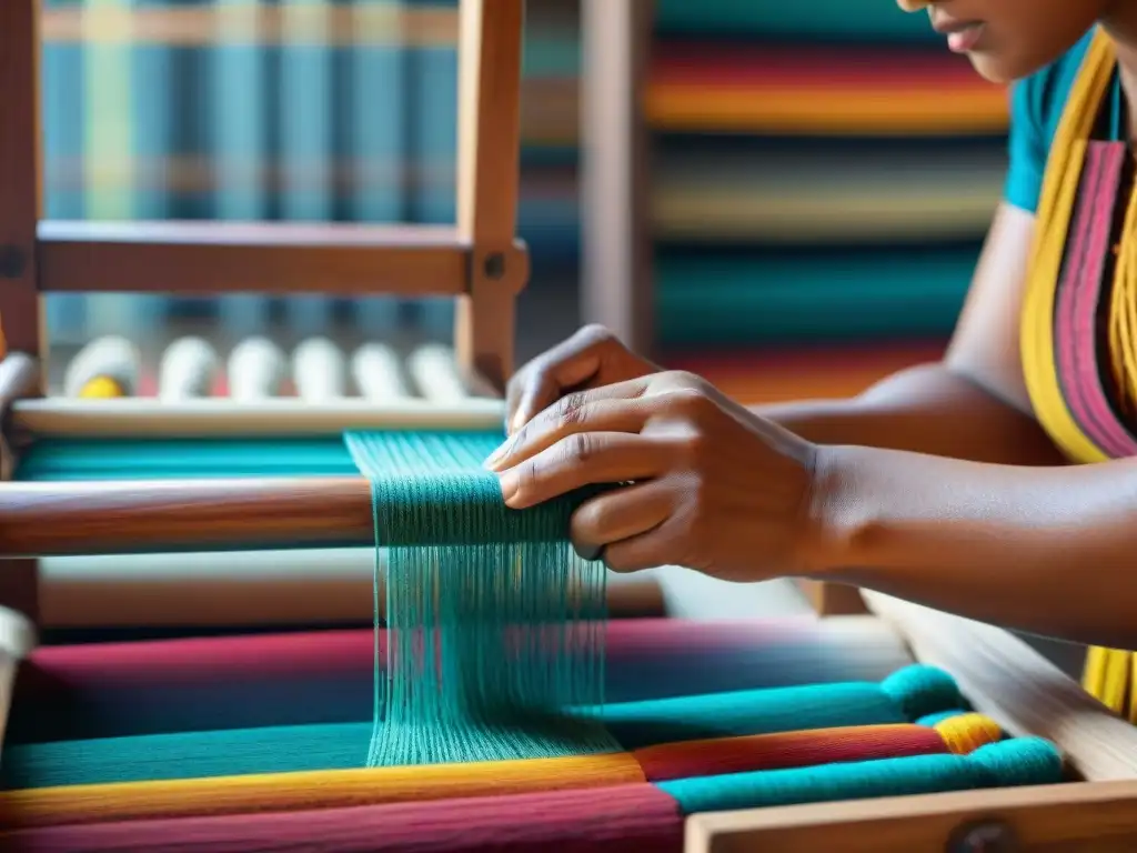 Colaboraciones moda artistas textiles indígenas: Detalle colorido de tejido tradicional con manos expertas en telar de madera rustico