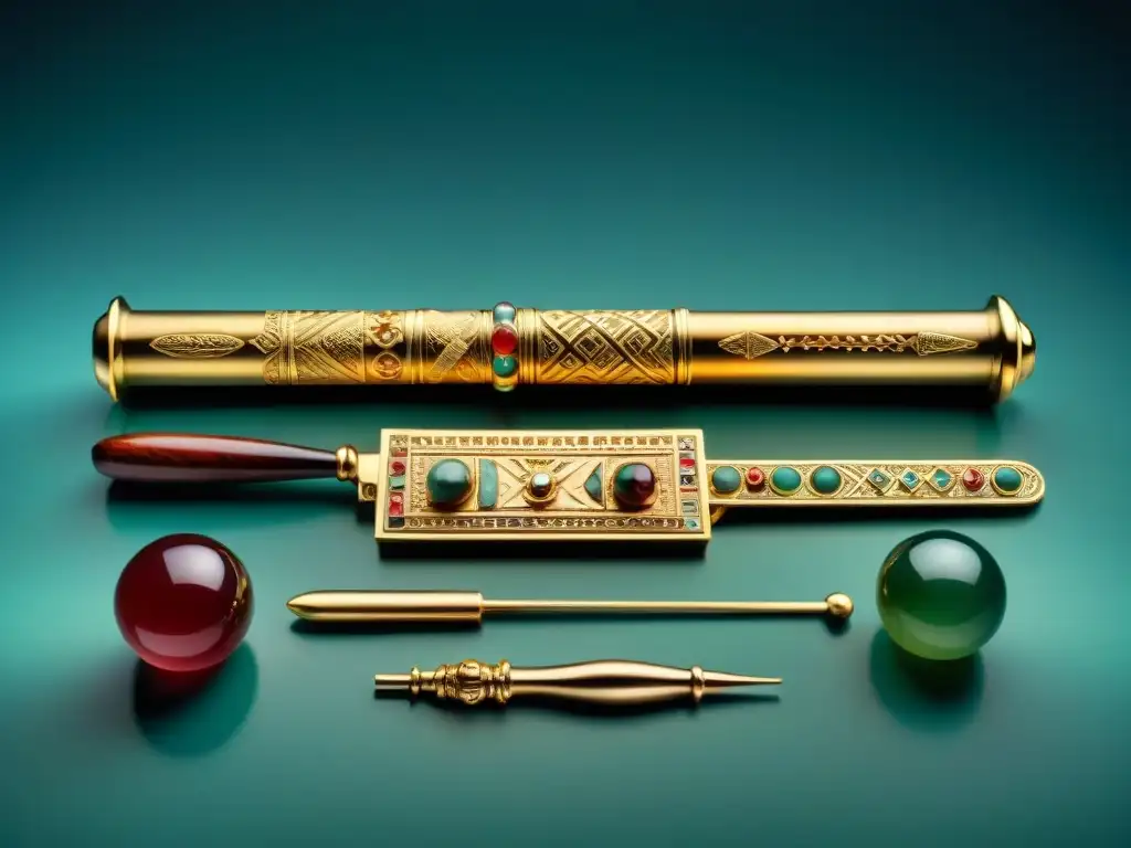 Una colección de detallados instrumentos médicos precolombinos de oro y jade, resaltando su exquisito arte y significado cultural