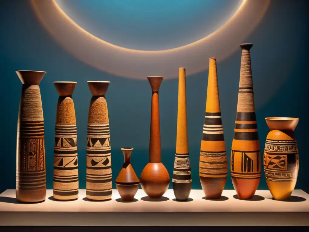 Una colección de instrumentos musicales precolombinos en exposición, con diseños intrincados y texturas detalladas