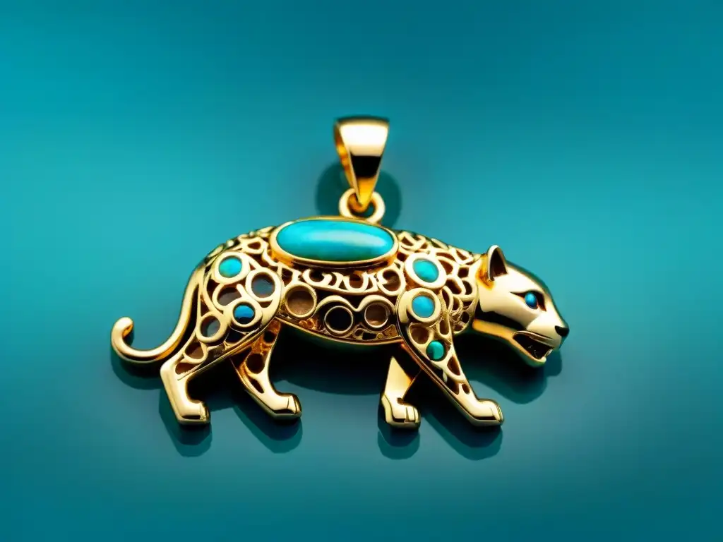 Un colgante de oro en forma de jaguar con piedras turquesa, simbolizando poder y protección en culturas precolombinas