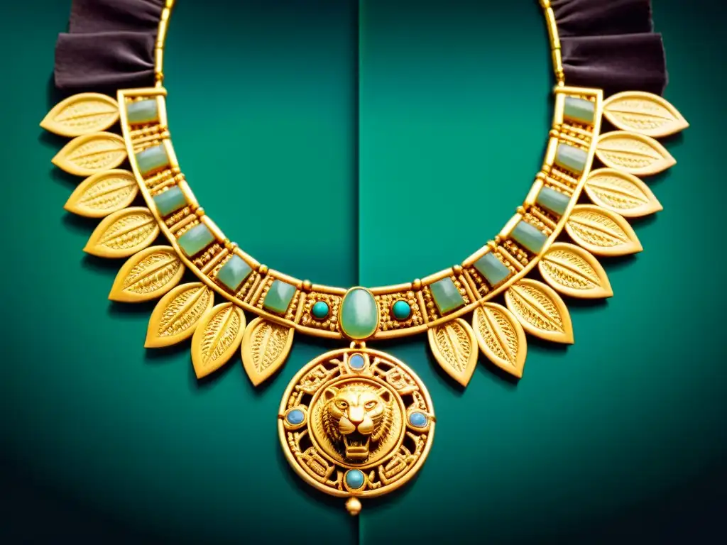 Un collar precolombino de oro con intrincado trabajo de filigrana y símbolos de jaguares, serpientes y águilas, adornado con jade y turquesa